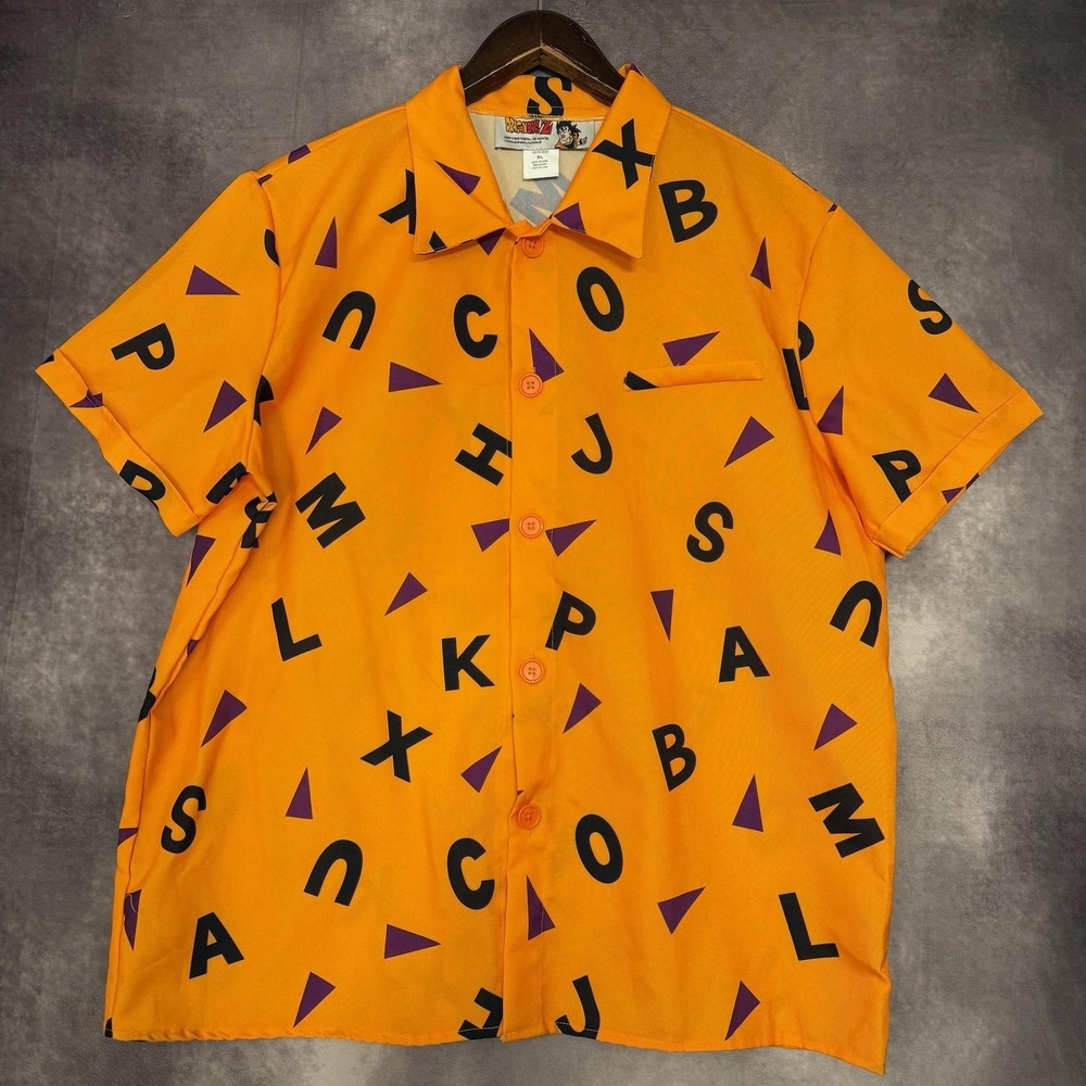 VTG Dragon Ball Z Shirt Men's XL Orange All Over Print Anime Button Front Casual